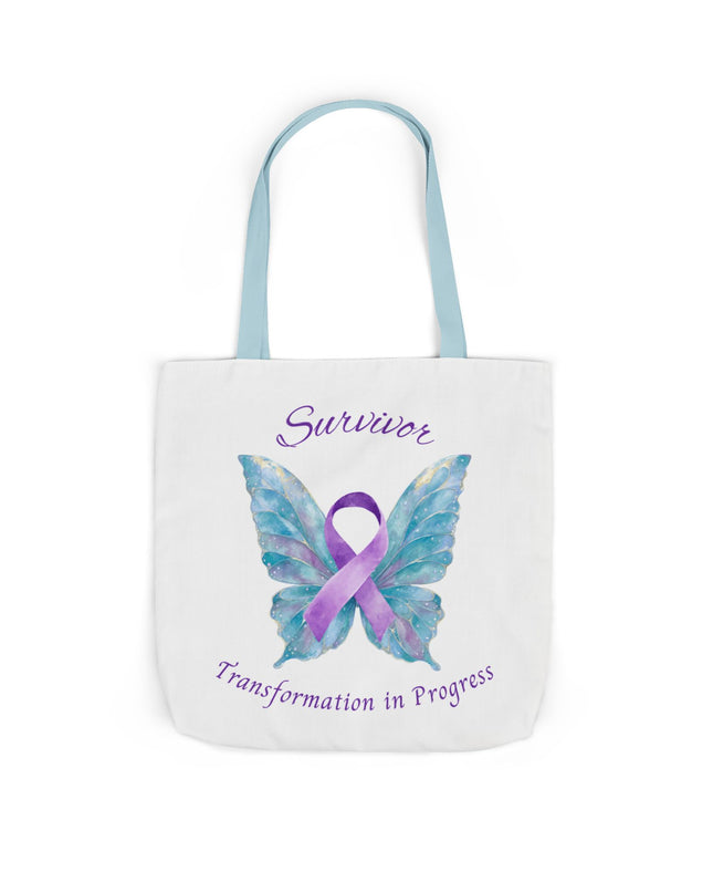 Domestic Violence Survivor Tote Bag | Teal and Purple Ribbon Butterfly Canvas Shopping Bag | Abuse Survivor Gift, Transformation in Progress Everyday Carrying Bag, Empowering Healing Reusable Grocery Bag