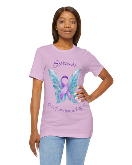 Domestic Violence Awareness Shirt | Survivor Teal and Purple Ribbon Butterfly Tee | Abuse Survivor Gift, Transformation in Progress Graphic T-Shirt, Empowering Healing Support Clothing