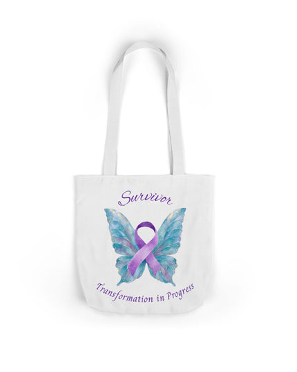 Domestic Violence Survivor Tote Bag | Teal and Purple Ribbon Butterfly Canvas Shopping Bag | Abuse Survivor Gift, Transformation in Progress Everyday Carrying Bag, Empowering Healing Reusable Grocery Bag
