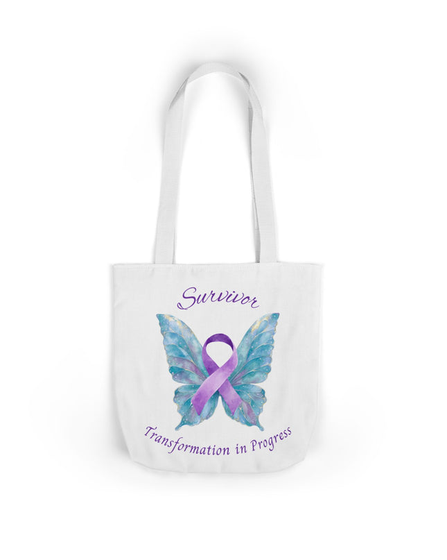 Domestic Violence Survivor Tote Bag | Teal and Purple Ribbon Butterfly Canvas Shopping Bag | Abuse Survivor Gift, Transformation in Progress Everyday Carrying Bag, Empowering Healing Reusable Grocery Bag