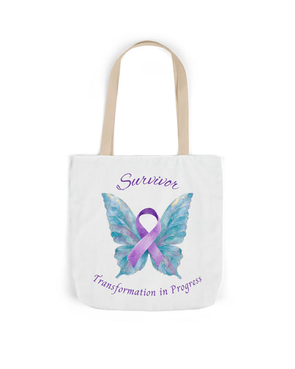 Domestic Violence Survivor Tote Bag | Teal and Purple Ribbon Butterfly Canvas Shopping Bag | Abuse Survivor Gift, Transformation in Progress Everyday Carrying Bag, Empowering Healing Reusable Grocery Bag