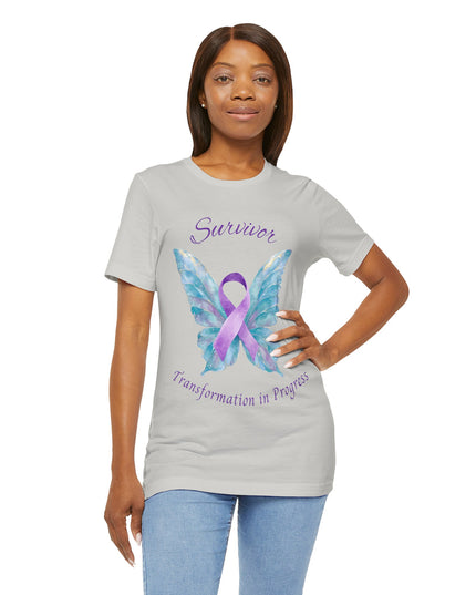 Domestic Violence Awareness Shirt | Survivor Teal and Purple Ribbon Butterfly Tee | Abuse Survivor Gift, Transformation in Progress Graphic T-Shirt, Empowering Healing Support Clothing
