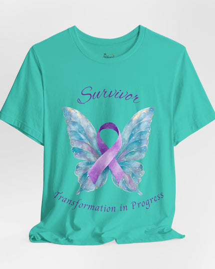 Domestic Violence Awareness Shirt | Survivor Teal and Purple Ribbon Butterfly Tee | Abuse Survivor Gift, Transformation in Progress Graphic T-Shirt, Empowering Healing Support Clothing