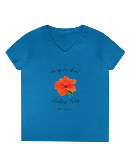 Ladies' V-Neck T-Shirt — "Energetic Soul, Healing Heart" Orange Floral Graphic