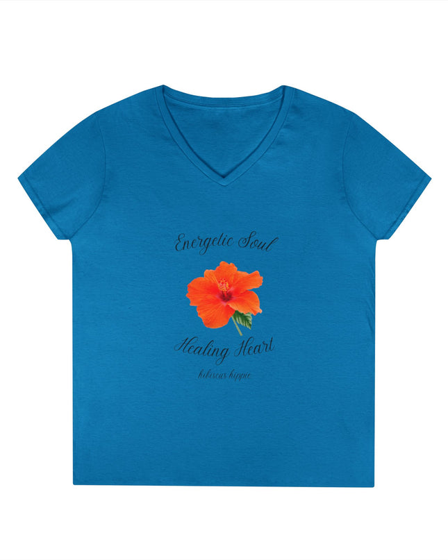 Ladies' V-Neck T-Shirt — "Energetic Soul, Healing Heart" Orange Floral Graphic