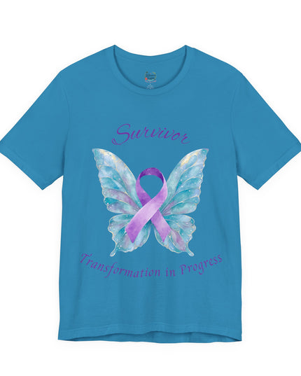 Domestic Violence Awareness Shirt | Survivor Teal and Purple Ribbon Butterfly Tee | Abuse Survivor Gift, Transformation in Progress Graphic T-Shirt, Empowering Healing Support Clothing