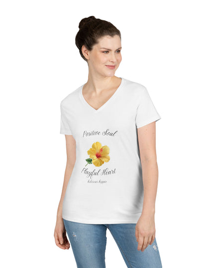 Ladies' V-Neck T-Shirt — "Positive Soul, Playful Heart" Yellow Floral Graphic