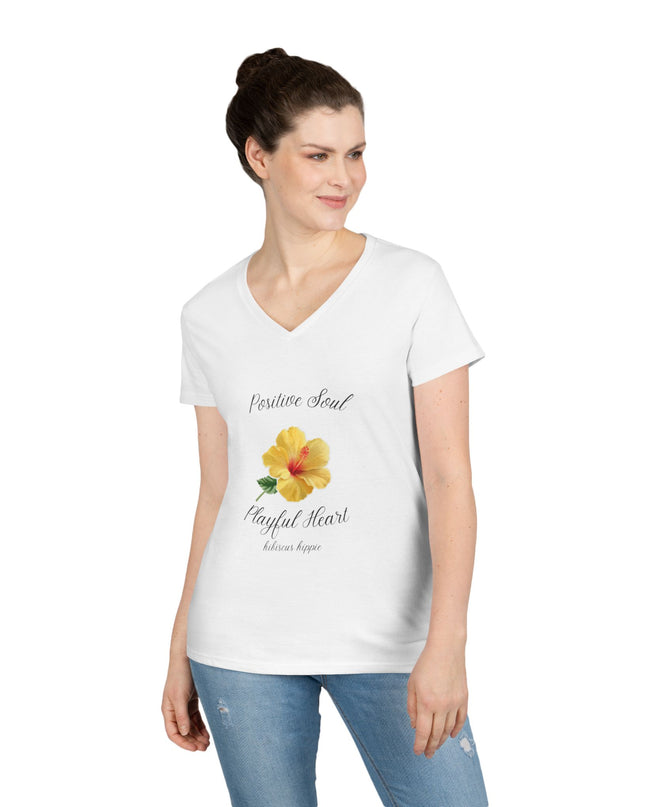 Ladies' V-Neck T-Shirt — "Positive Soul, Playful Heart" Yellow Floral Graphic