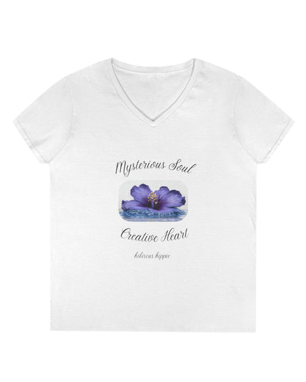 Ladies' V-Neck T-Shirt — "Mysterious Soul, Creative Heart" Purple Floral Graphic