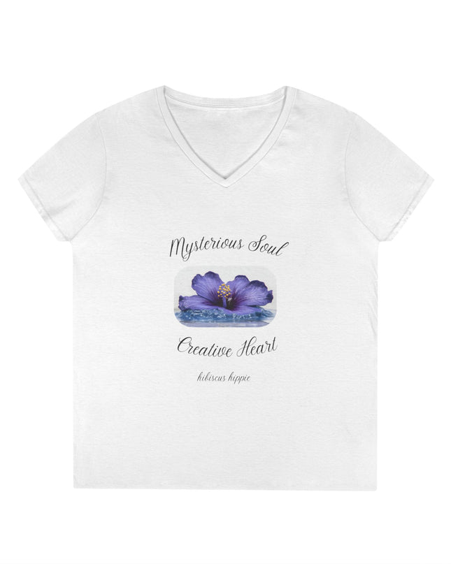 Ladies' V-Neck T-Shirt — "Mysterious Soul, Creative Heart" Purple Floral Graphic