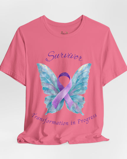 Domestic Violence Awareness Shirt | Survivor Teal and Purple Ribbon Butterfly Tee | Abuse Survivor Gift, Transformation in Progress Graphic T-Shirt, Empowering Healing Support Clothing