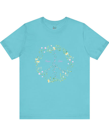 Hibiscus Hippie Boho Designed Floral Peace Sign T-Shirt — 'Peace & Love' in Multicolor Choice Tees