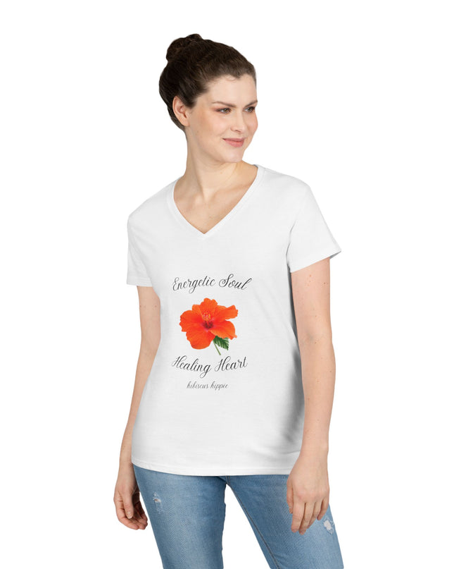 Ladies' V-Neck T-Shirt — "Energetic Soul, Healing Heart" Orange Floral Graphic