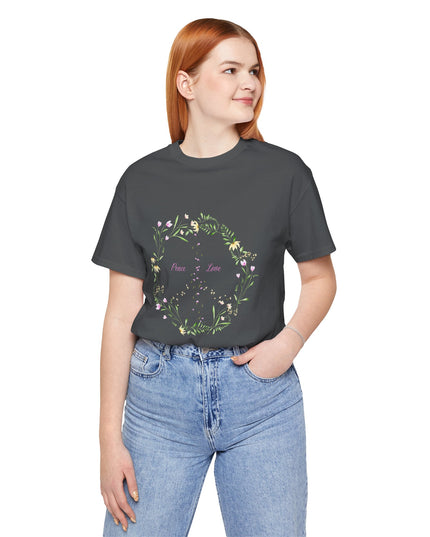 Hibiscus Hippie Boho Designed Floral Peace Sign T-Shirt — 'Peace & Love' in Multicolor Choice Tees