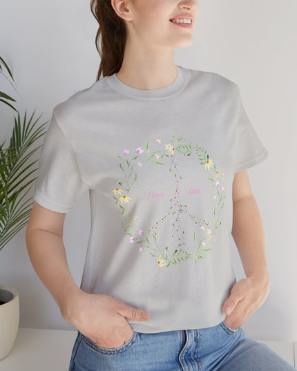 Hibiscus Hippie Boho Designed Floral Peace Sign T-Shirt — 'Peace & Love' in Multicolor Choice Tees