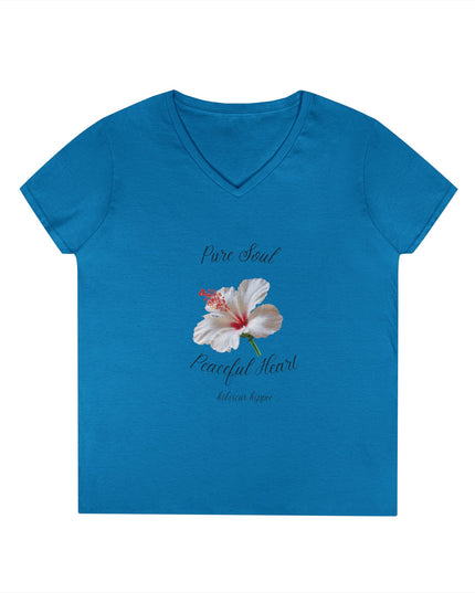 Ladies' V-Neck T-Shirt — "Pure Soul, Peaceful Heart" White Floral Graphic