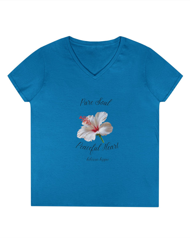 Ladies' V-Neck T-Shirt — "Pure Soul, Peaceful Heart" White Floral Graphic