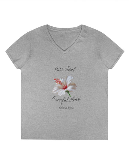 Ladies' V-Neck T-Shirt — "Pure Soul, Peaceful Heart" White Floral Graphic