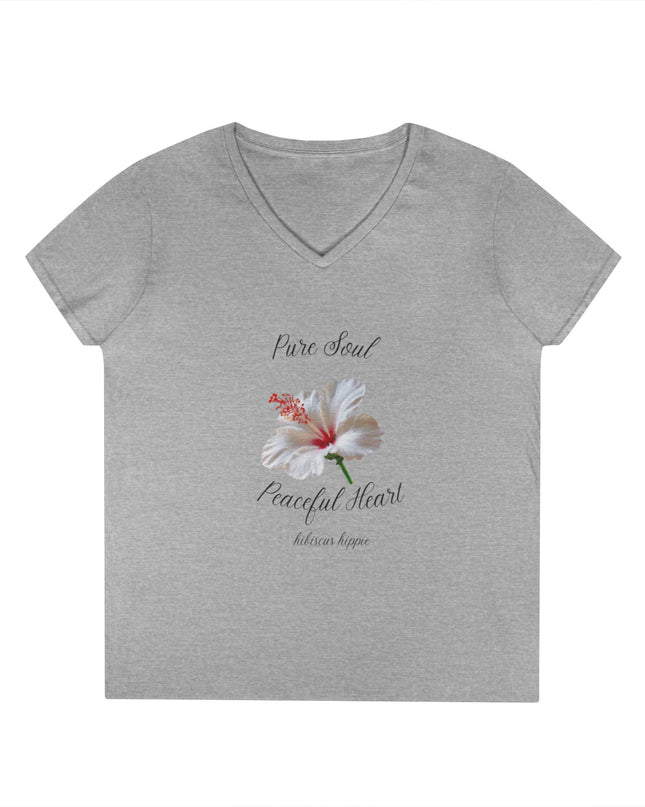 Ladies' V-Neck T-Shirt — "Pure Soul, Peaceful Heart" White Floral Graphic