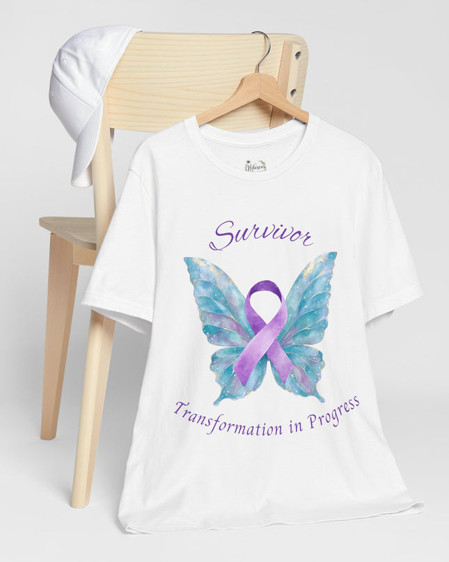 Domestic Violence Awareness Shirt | Survivor Teal and Purple Ribbon Butterfly Tee | Abuse Survivor Gift, Transformation in Progress Graphic T-Shirt, Empowering Healing Support Clothing