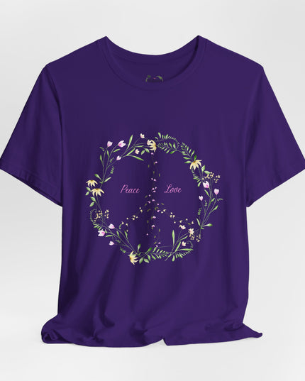 Hibiscus Hippie Boho Designed Floral Peace Sign T-Shirt — 'Peace & Love' in Multicolor Choice Tees