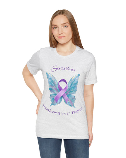 Domestic Violence Awareness Shirt | Survivor Teal and Purple Ribbon Butterfly Tee | Abuse Survivor Gift, Transformation in Progress Graphic T-Shirt, Empowering Healing Support Clothing