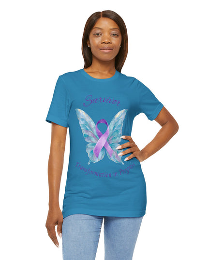 Domestic Violence Awareness Shirt | Survivor Teal and Purple Ribbon Butterfly Tee | Abuse Survivor Gift, Transformation in Progress Graphic T-Shirt, Empowering Healing Support Clothing