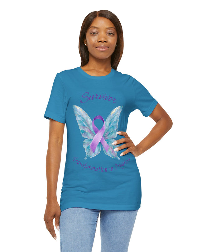 Domestic Violence Awareness Shirt | Survivor Teal and Purple Ribbon Butterfly Tee | Abuse Survivor Gift, Transformation in Progress Graphic T-Shirt, Empowering Healing Support Clothing