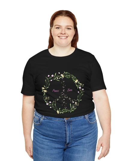 Hibiscus Hippie Boho Designed Floral Peace Sign T-Shirt — 'Peace & Love' in Multicolor Choice Tees