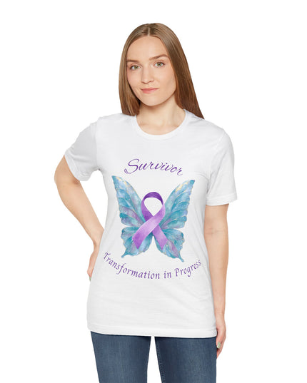 Domestic Violence Awareness Shirt | Survivor Teal and Purple Ribbon Butterfly Tee | Abuse Survivor Gift, Transformation in Progress Graphic T-Shirt, Empowering Healing Support Clothing