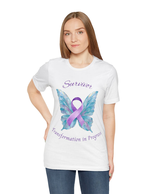 Domestic Violence Awareness Shirt | Survivor Teal and Purple Ribbon Butterfly Tee | Abuse Survivor Gift, Transformation in Progress Graphic T-Shirt, Empowering Healing Support Clothing