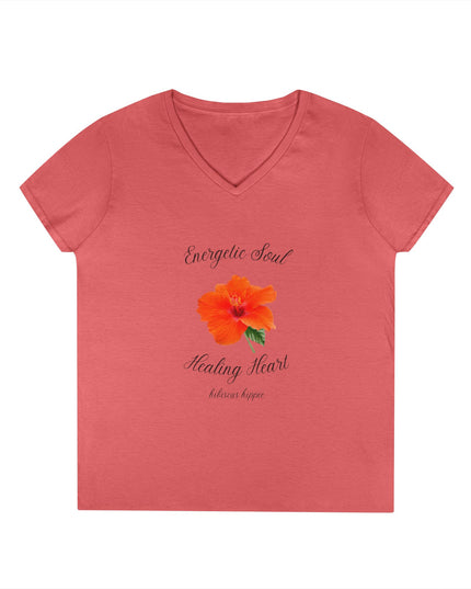 Ladies' V-Neck T-Shirt — "Energetic Soul, Healing Heart" Orange Floral Graphic