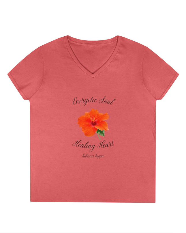 Ladies' V-Neck T-Shirt — "Energetic Soul, Healing Heart" Orange Floral Graphic