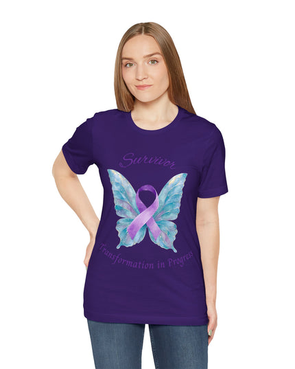 Domestic Violence Awareness Shirt | Survivor Teal and Purple Ribbon Butterfly Tee | Abuse Survivor Gift, Transformation in Progress Graphic T-Shirt, Empowering Healing Support Clothing