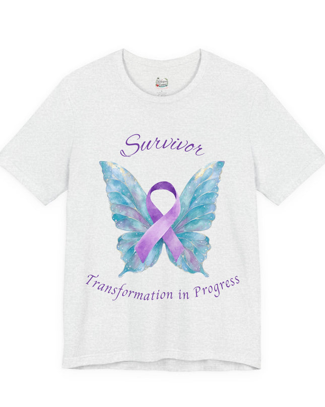 Domestic Violence Awareness Shirt | Survivor Teal and Purple Ribbon Butterfly Tee | Abuse Survivor Gift, Transformation in Progress Graphic T-Shirt, Empowering Healing Support Clothing