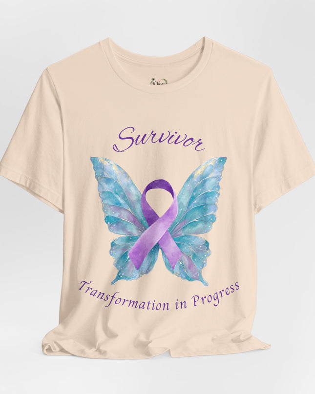 Domestic Violence Awareness Shirt | Survivor Teal and Purple Ribbon Butterfly Tee | Abuse Survivor Gift, Transformation in Progress Graphic T-Shirt, Empowering Healing Support Clothing