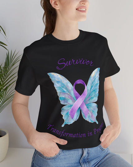 Domestic Violence Awareness Shirt | Survivor Teal and Purple Ribbon Butterfly Tee | Abuse Survivor Gift, Transformation in Progress Graphic T-Shirt, Empowering Healing Support Clothing
