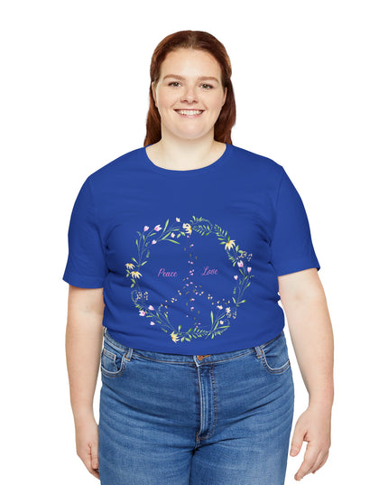 Hibiscus Hippie Boho Designed Floral Peace Sign T-Shirt — 'Peace & Love' in Multicolor Choice Tees