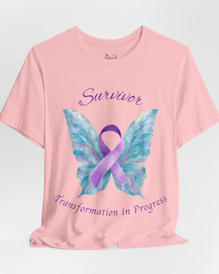 Domestic Violence Awareness Shirt | Survivor Teal and Purple Ribbon Butterfly Tee | Abuse Survivor Gift, Transformation in Progress Graphic T-Shirt, Empowering Healing Support Clothing