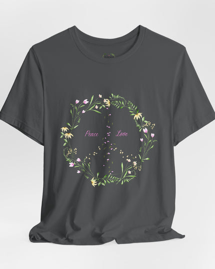 Hibiscus Hippie Boho Designed Floral Peace Sign T-Shirt — 'Peace & Love' in Multicolor Choice Tees