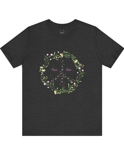 Hibiscus Hippie Boho Designed Floral Peace Sign T-Shirt — 'Peace & Love' in Multicolor Choice Tees