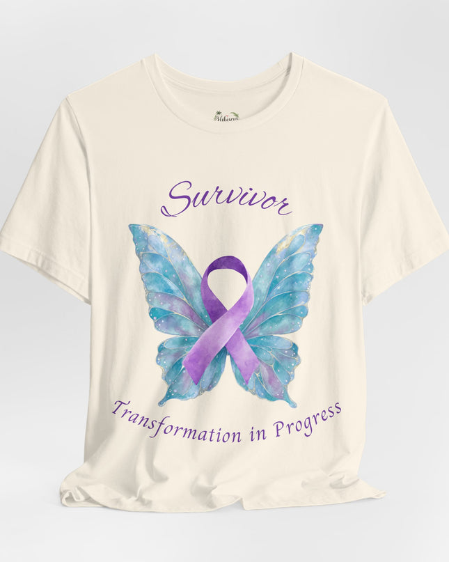 Domestic Violence Awareness Shirt | Survivor Teal and Purple Ribbon Butterfly Tee | Abuse Survivor Gift, Transformation in Progress Graphic T-Shirt, Empowering Healing Support Clothing