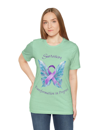 Domestic Violence Awareness Shirt | Survivor Teal and Purple Ribbon Butterfly Tee | Abuse Survivor Gift, Transformation in Progress Graphic T-Shirt, Empowering Healing Support Clothing