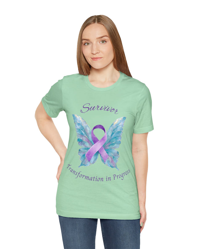 Domestic Violence Awareness Shirt | Survivor Teal and Purple Ribbon Butterfly Tee | Abuse Survivor Gift, Transformation in Progress Graphic T-Shirt, Empowering Healing Support Clothing