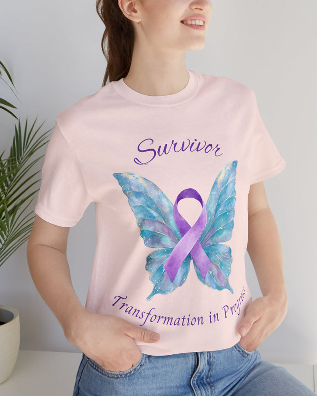Domestic Violence Awareness Shirt | Survivor Teal and Purple Ribbon Butterfly Tee | Abuse Survivor Gift, Transformation in Progress Graphic T-Shirt, Empowering Healing Support Clothing