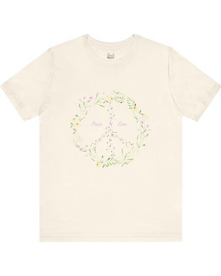 Hibiscus Hippie Boho Designed Floral Peace Sign T-Shirt — 'Peace & Love' in Multicolor Choice Tees