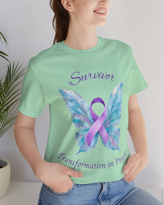 Domestic Violence Awareness Shirt | Survivor Teal and Purple Ribbon Butterfly Tee | Abuse Survivor Gift, Transformation in Progress Graphic T-Shirt, Empowering Healing Support Clothing
