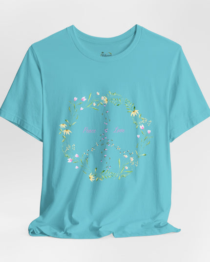 Hibiscus Hippie Boho Designed Floral Peace Sign T-Shirt — 'Peace & Love' in Multicolor Choice Tees