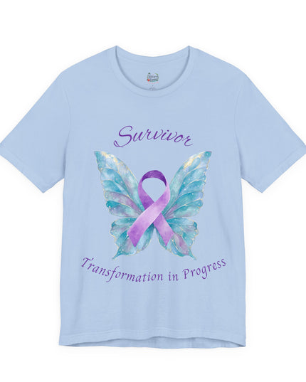 Domestic Violence Awareness Shirt | Survivor Teal and Purple Ribbon Butterfly Tee | Abuse Survivor Gift, Transformation in Progress Graphic T-Shirt, Empowering Healing Support Clothing