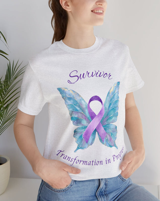 Domestic Violence Awareness Shirt | Survivor Teal and Purple Ribbon Butterfly Tee | Abuse Survivor Gift, Transformation in Progress Graphic T-Shirt, Empowering Healing Support Clothing
